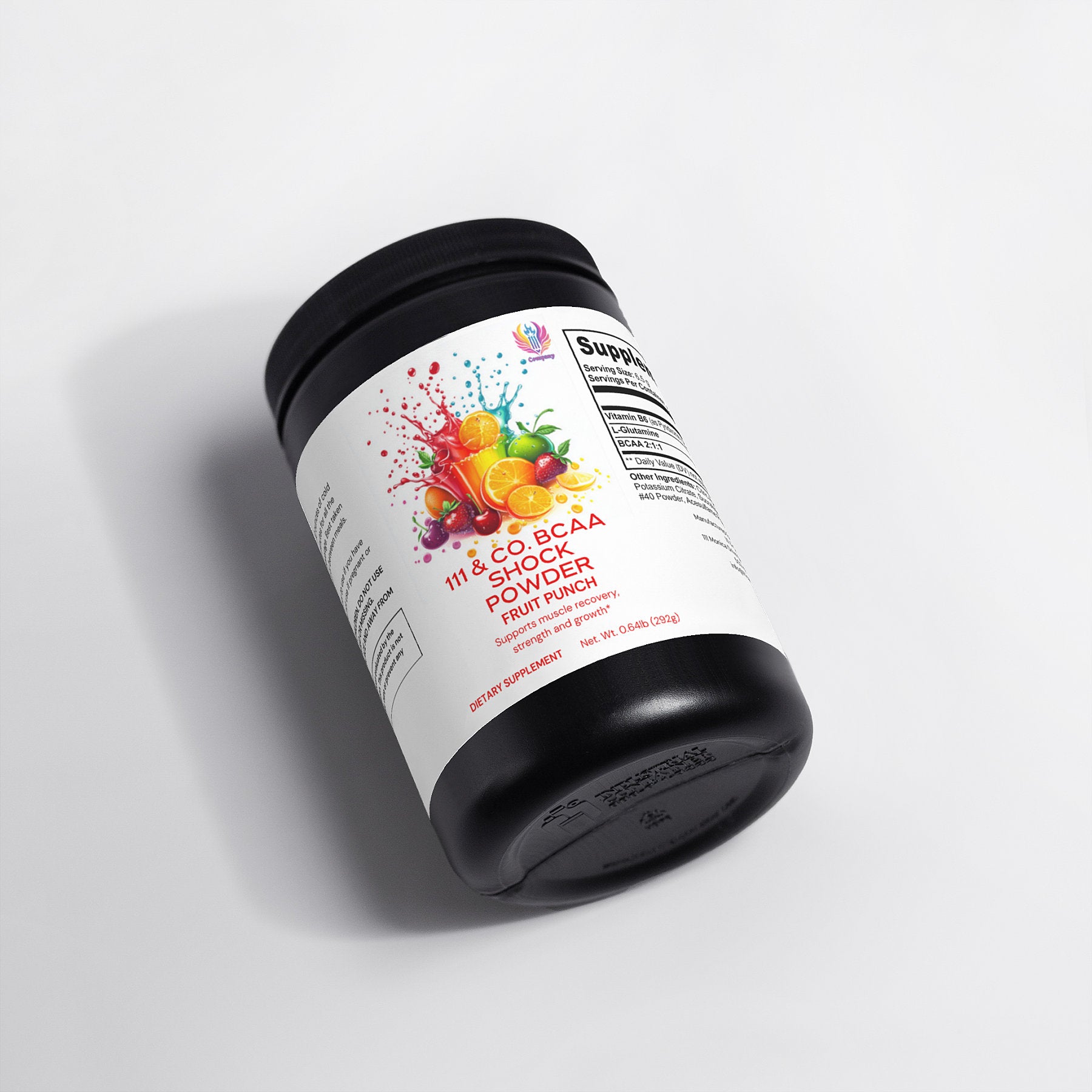 A black container of 111 & Company BCAA Shock Powder (Fruit Punch) is highlighted with vibrant fruit splash graphics. It features muscle recovery information and branding on a white label, and rests on a light gray surface.