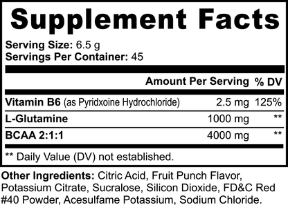 The black and white supplement facts label on 111 & Company BCAA Shock Powder (Fruit Punch) emphasizes muscle recovery. It details a serving size of 6.5 g, contains 45 servings, Vitamin B6 (2.5 mg; 125% DV), L-Glutamine (1000 mg), and BCAA (4000 mg) with citric acid and fruit punch flavor.