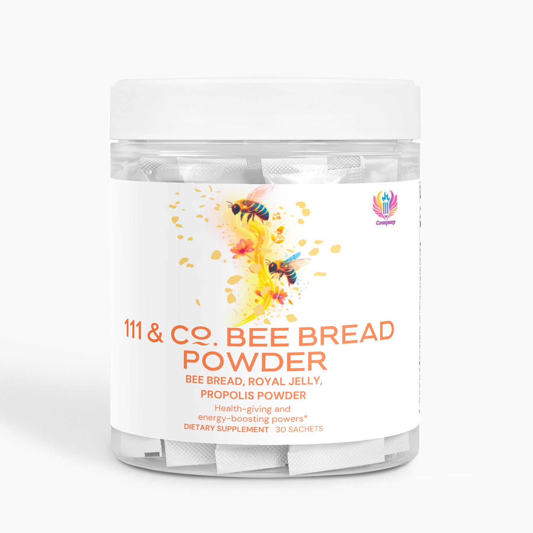 A clear plastic container labeled 111 & Company Bee Bread Powder displays sachets on a white background. The label, featuring bees and honey-like splashes, lists ingredients like bee bread, royal jelly, propolis powder, and traces of bee pearl powder. It contains 30 sachets.