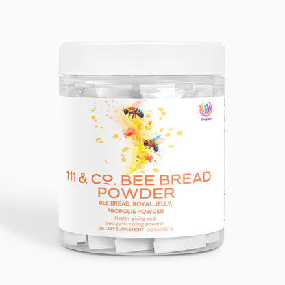 A clear plastic container labeled 111 & Company Bee Bread Powder displays sachets on a white background. The label, featuring bees and honey-like splashes, lists ingredients like bee bread, royal jelly, propolis powder, and traces of bee pearl powder. It contains 30 sachets.