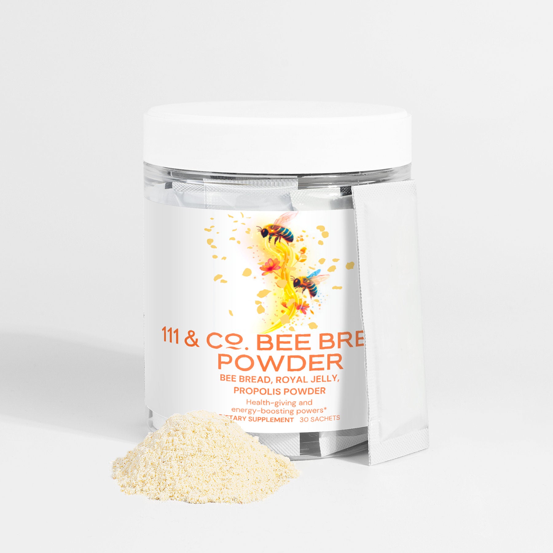 A clear plastic jar labeled 111 & COMPANY BEE BREAD POWDER with bees and honeycomb images contains bee bread, royal jelly, and propolis powder. A sachet rests beside it on a white surface dusted with light yellow powder, highlighting its health benefits.