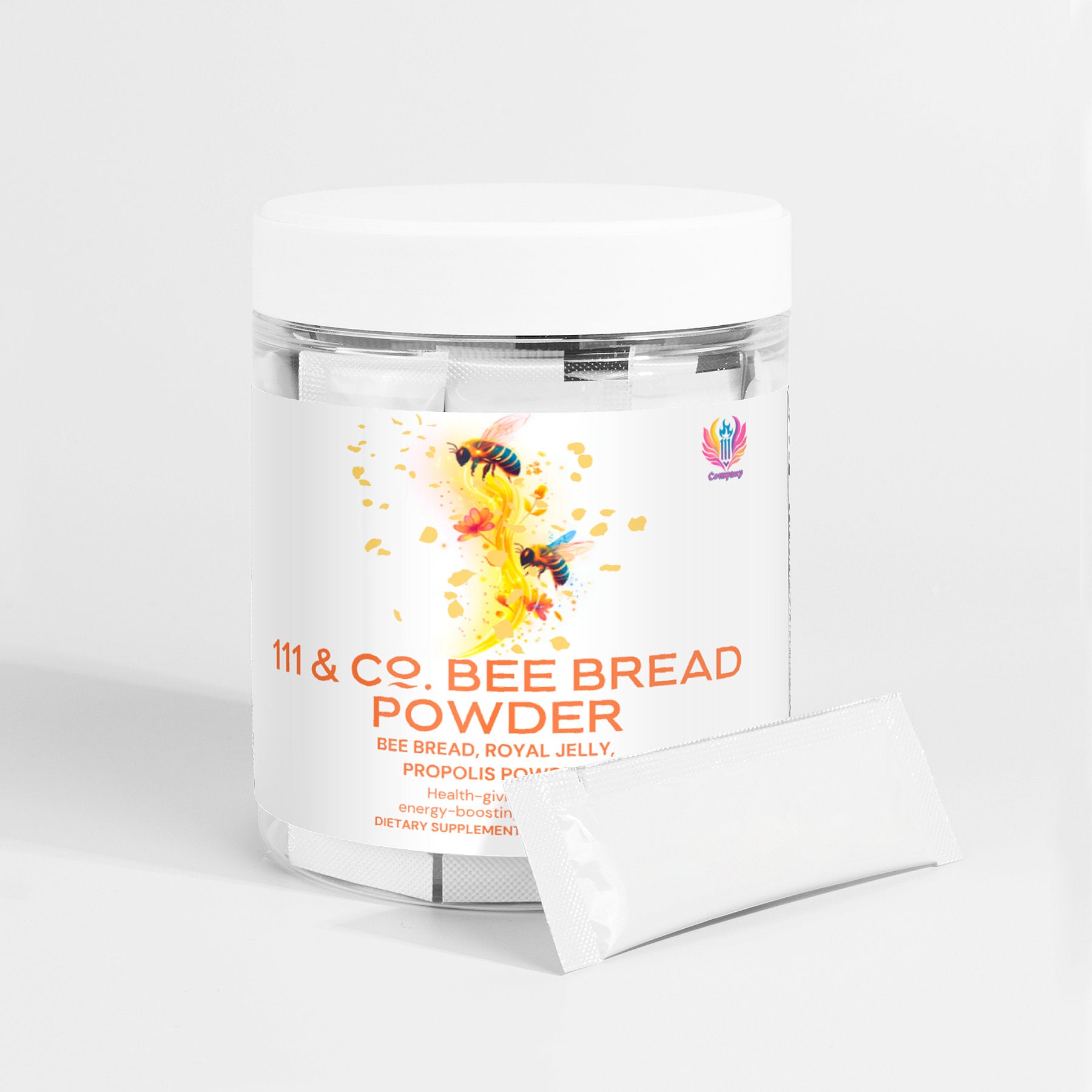 A clear jar of 111 & Company Bee Bread Powder, topped with a white lid, features a label with orange paint splashes and bees. It contains bee bread, royal jelly, and propolis powder. A sachet suggesting the potency of bee pearl powder is in front of the jar.