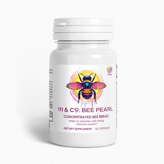 White bottle labeled 111 & COMPANY BEE PEARL from 111 & Company, with a colorful bee design. Text: Concentrated bee bread rich in antioxidants and vitamins, Supports well-being and immune system, Dietary supplement. Contains 30 capsules. Pale background features a nutrition label on the side.