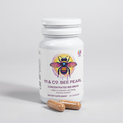 A white bottle labeled 111 & COMPANY BEE PEARL by 111 & Company has a bee illustration on a colorful backdrop, stating it helps maintain well-being and the immune system with antioxidants. It is a dietary supplement containing 30 capsules, with two capsules displayed beside it.