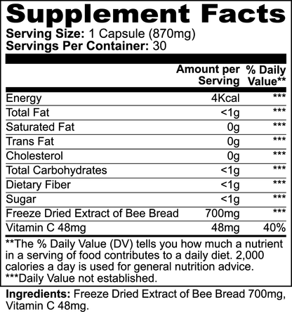 The Bee Pearl supplement by 111 & Company provides a serving size of 1 capsule (870 mg), with 30 servings per container. It includes energy, fat, cholesterol, carbohydrates, sugar, and 700 mg of bee bread extract. Contains vitamin C (48 mg, 40% DV). Most component values are not established.