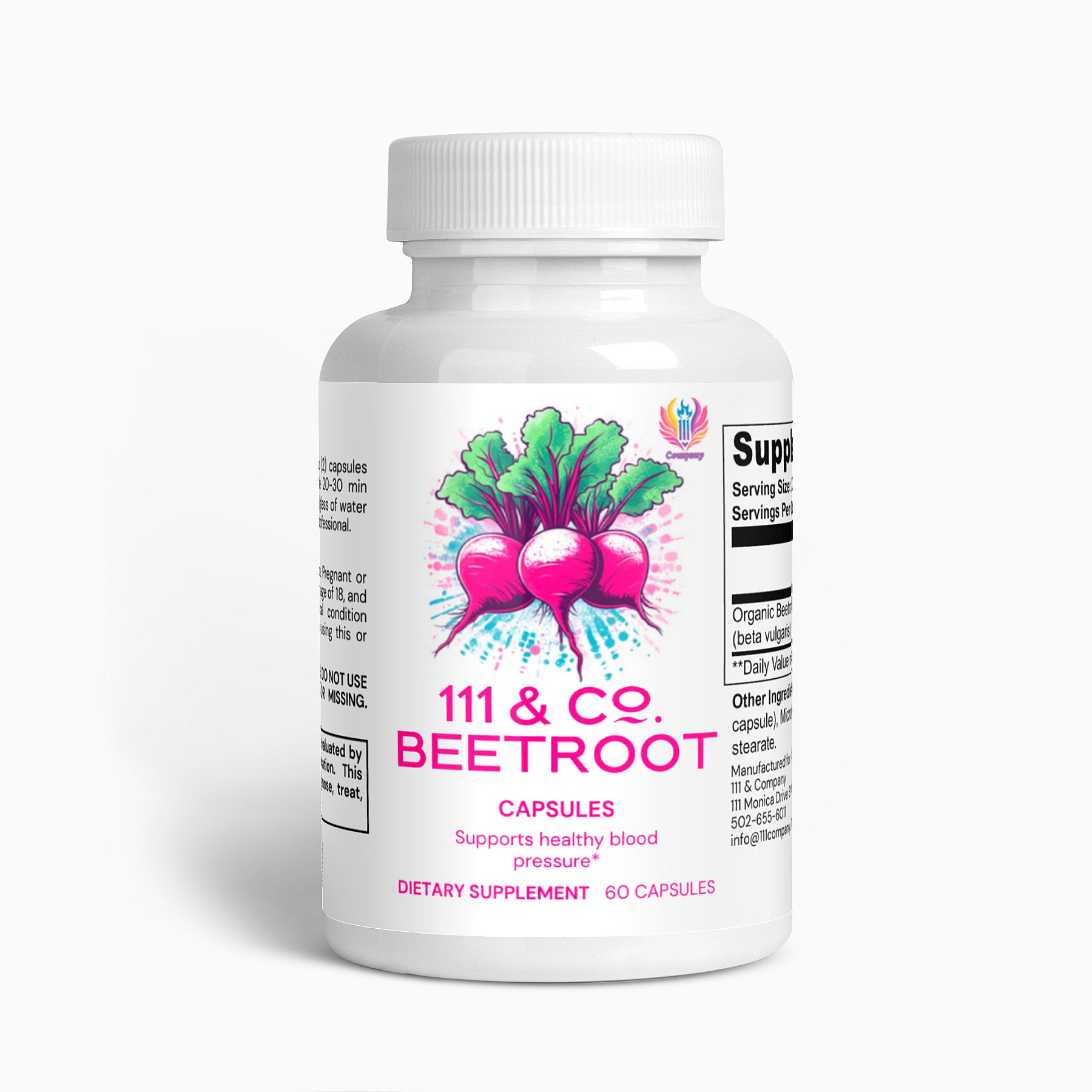 The label of 111 & Company Beetroot Capsules, featuring three beetroots with green leaves, claims it Supports healthy blood pressure and athletic performance. These 60 dietary supplements might also boost nitric oxide for optimal well-being.