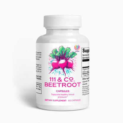 The label of 111 & Company Beetroot Capsules, featuring three beetroots with green leaves, claims it Supports healthy blood pressure and athletic performance. These 60 dietary supplements might also boost nitric oxide for optimal well-being.