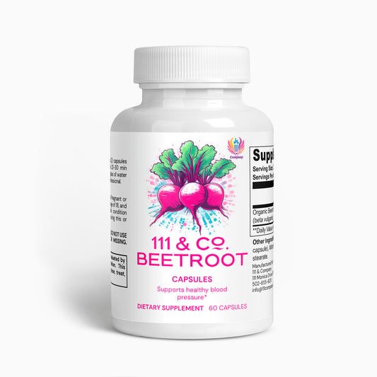 The label of 111 & Company Beetroot Capsules, featuring three beetroots with green leaves, claims it Supports healthy blood pressure and athletic performance. These 60 dietary supplements might also boost nitric oxide for optimal well-being.