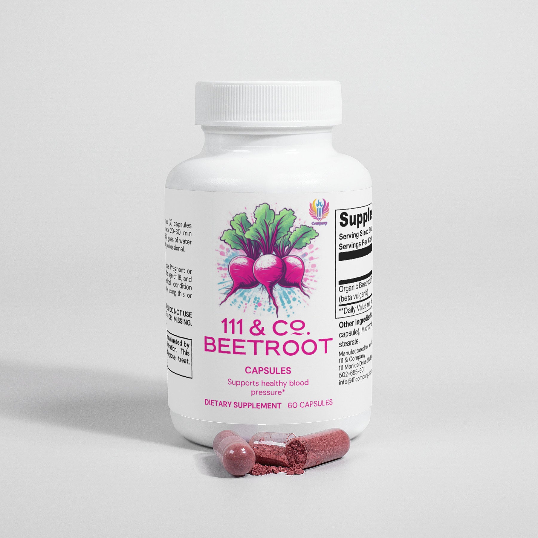 The 111 & Company Beetroot Capsules white bottle, showcasing beetroots known for boosting athletic performance via nitric oxide production, contains 60 capsules to support healthy blood pressure. Two capsules and some red powder spill in front with supplement facts partially visible.