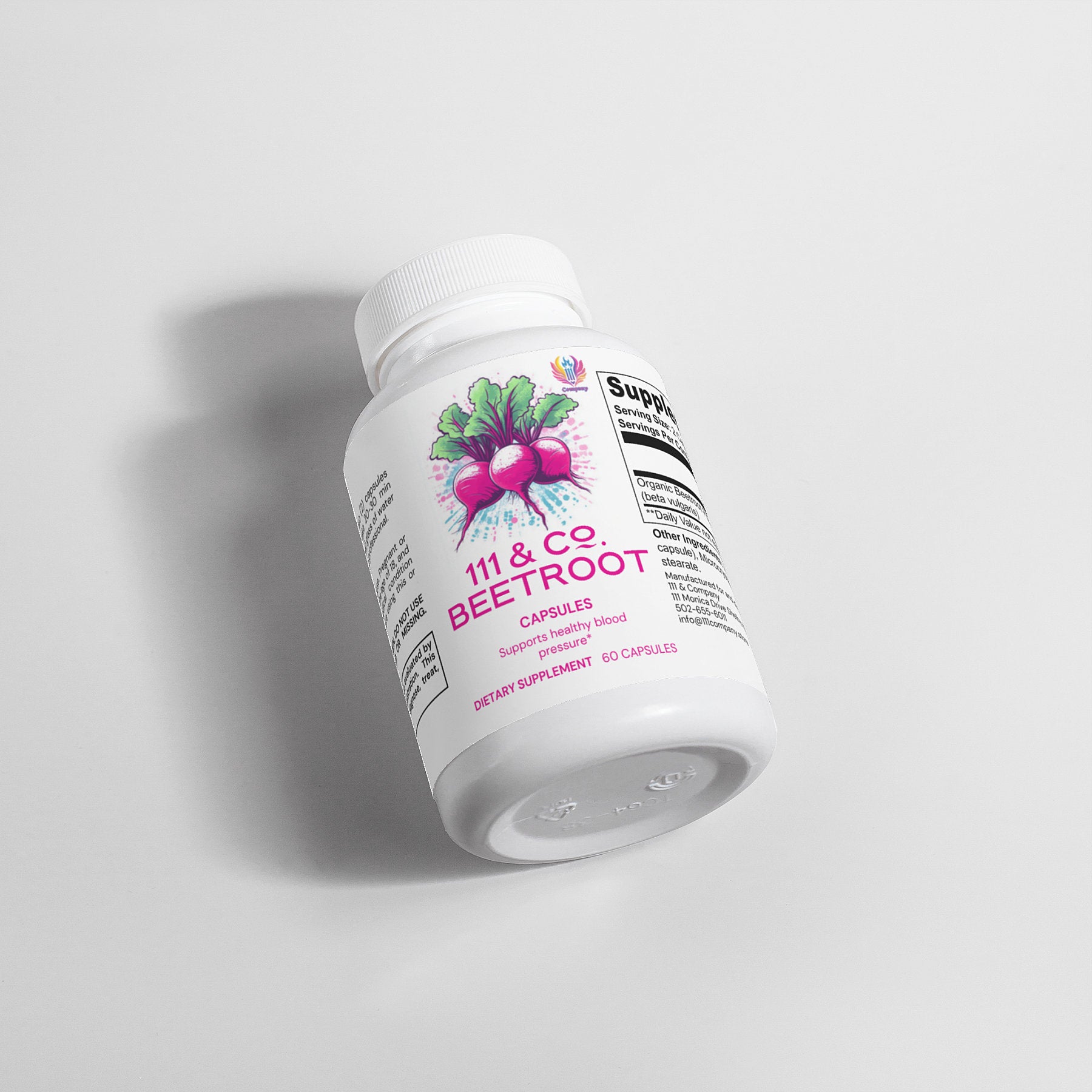 A white plastic bottle of 111 & COMPANY BEETROOT CAPSULES lies on a gray surface. The label features beetroots, stating Supports healthy blood pressure and benefits athletic performance, with Dietary Supplement 90 Capsules printed. Supplement facts are partially visible.