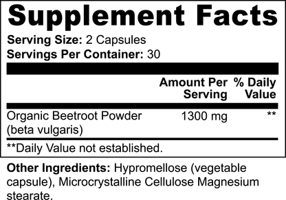The Supplement Facts for 111 & COMPANY BEETROOT CAPSULES, by 111 & Company, show each 2-capsule serving contains 1300 mg of organic beetroot powder (Beta vulgaris) to enhance nitric oxide levels. It has hypromellose, microcrystalline cellulose, magnesium stearate. No established daily value. Contains 30 servings per container.