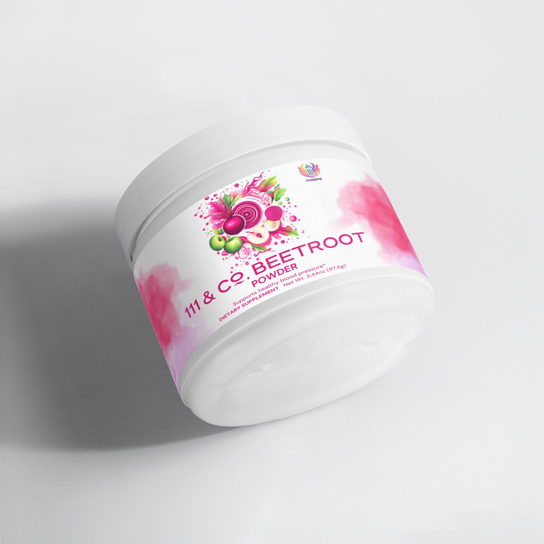 A white container of 111 & COMPANY BEETROOT POWDER, designed with a beetroot on the lid, features a pink label suggesting post-workout recovery and improved blood flow. It sits on a light gray surface with a soft shadow.