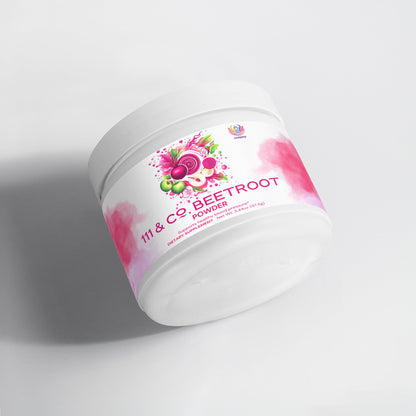 A white container of 111 & COMPANY BEETROOT POWDER, designed with a beetroot on the lid, features a pink label suggesting post-workout recovery and improved blood flow. It sits on a light gray surface with a soft shadow.