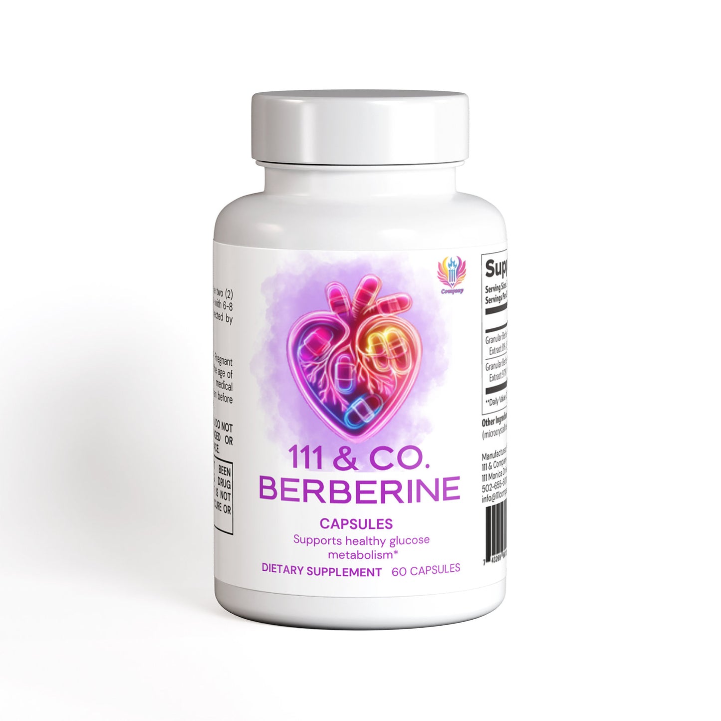 A white bottle labeled 111 & COMPANY BERBERINE from 111 & Company shows a colorful heart illustration, with text stating Capsules, Supports healthy glucose metabolism and blood sugar levels. It contains 60 capsules and is marketed as a dietary supplement for vibrant health.