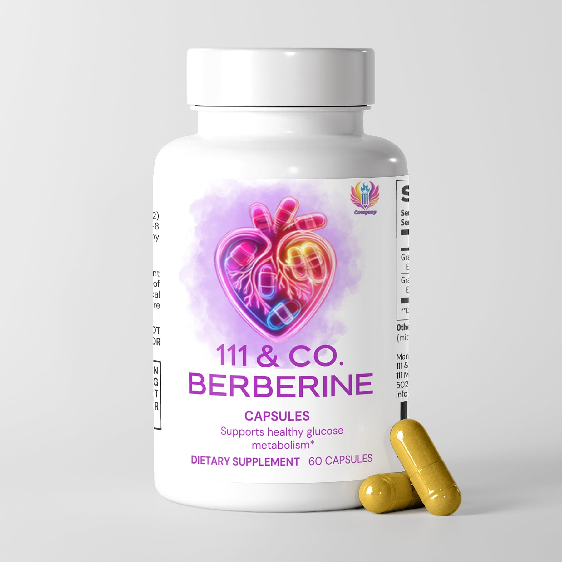 A white bottle labeled 111 & Company Berberine with a neon heart and leaves logo states Supports healthy glucose metabolism and heart health. It is a dietary supplement containing 60 capsules. Two yellow capsules are placed next to the bottle on a light gray surface.