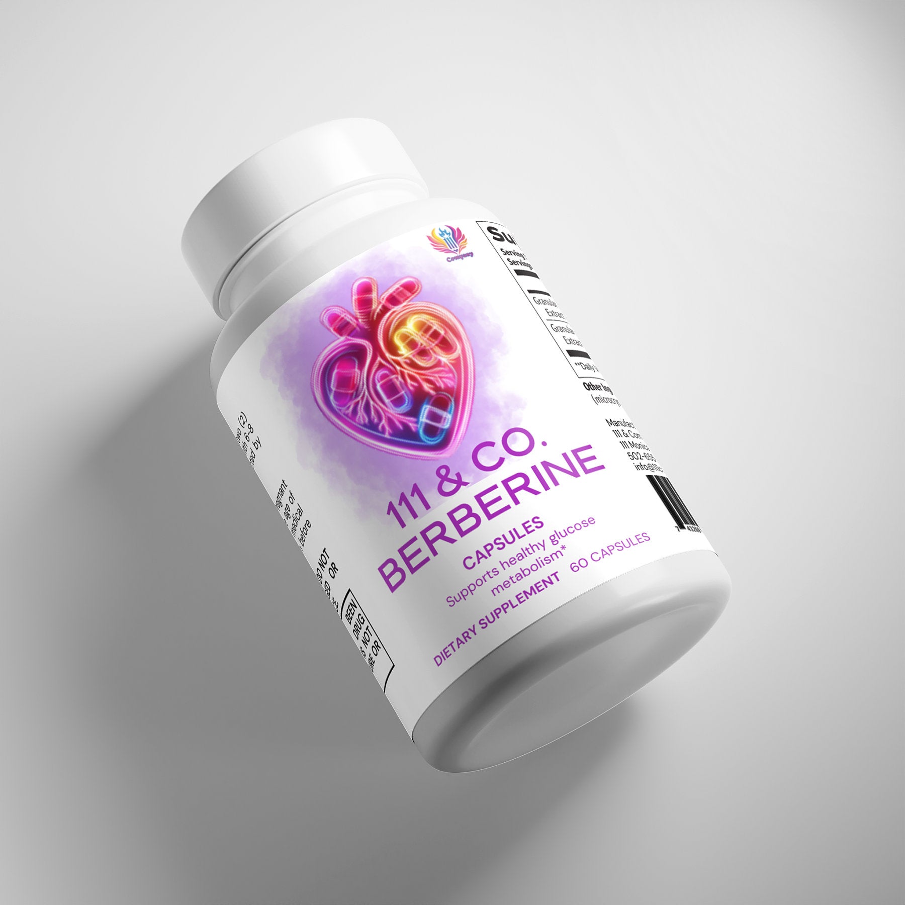 A white bottle of 111 & COMPANY BERBERINE by 111 & Company shows a neon heart design, highlighting heart health. The label says Supports Healthy Glucose and Dietary Supplement 60 Capsules. Ideal for blood sugar maintenance, it lies on its side against a light gray background.