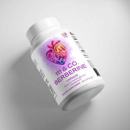 A white bottle of 111 & COMPANY BERBERINE by 111 & Company shows a neon heart design, highlighting heart health. The label says Supports Healthy Glucose and Dietary Supplement 60 Capsules. Ideal for blood sugar maintenance, it lies on its side against a light gray background.