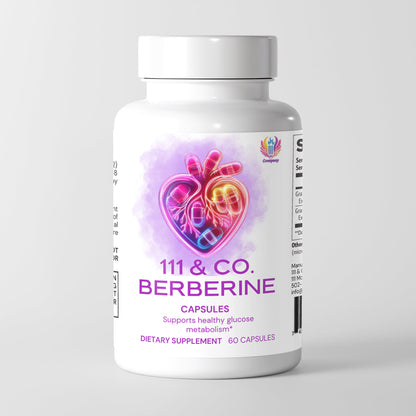 A white bottle of 111 & COMPANY BERBERINE from 111 & Company shows a colorful heart design of pill shapes, highlighting heart health. The text mentions supporting healthy glucose metabolism and blood sugar. It has a gray cap and 60 capsules, with the brand logo above the text.