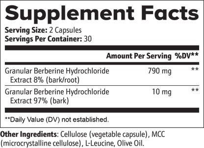 Supplement Facts label for 111 & Company Berberine capsules supporting heart health. Serving size: 2 capsules, with 30 servings per container. Includes 790 mg of 8% granular berberine hydrochloride extract and 10 mg of 97% granular berberine hydrochloride extract. Other ingredients: cellulose, MCC, L-Leucine, olive oil.