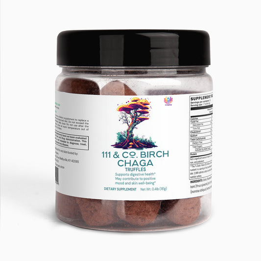 A clear plastic jar with a black lid contains  111 & Company Birch Chaga Truffles, featuring benefits for digestive health, mood, and skin. The dietary supplement weighs 0.48 pounds (218 grams).