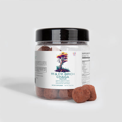 A clear jar with a black lid holds brown, round truffles labeled 111 & Company Birch Chaga Truffles, featuring a colorful tree design. The label highlights antioxidant content and displays nutrition facts on the side. The jar is set against a light gray background.