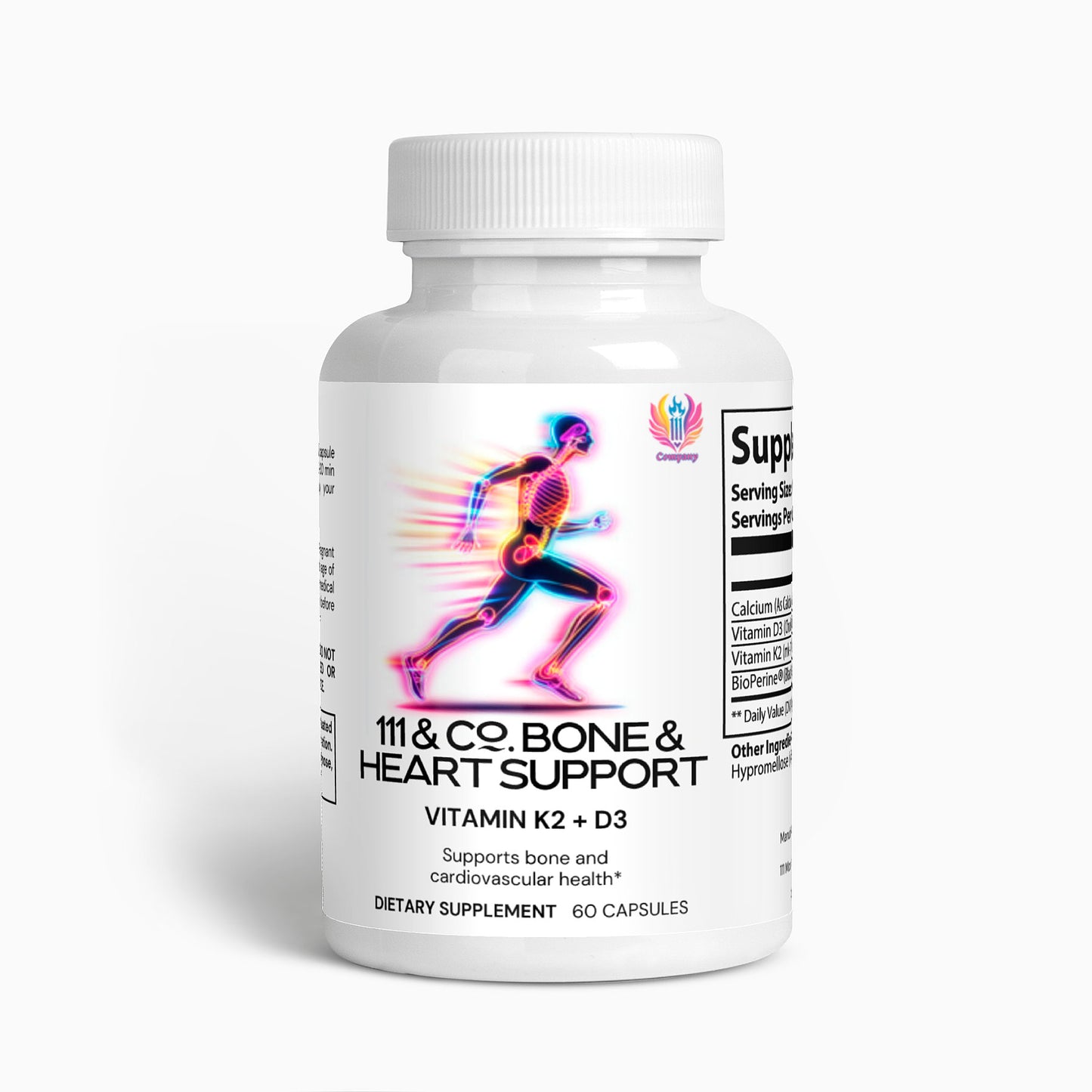 The image displays a white bottle of 111 & Company labeled 111 & COMPANY BONE & HEART SUPPORT, featuring Vitamin K2 + D3 for bone health and cardiovascular wellness. The label shows an abstract, colorful silhouette of a running person, and the bottle contains 60 capsules.