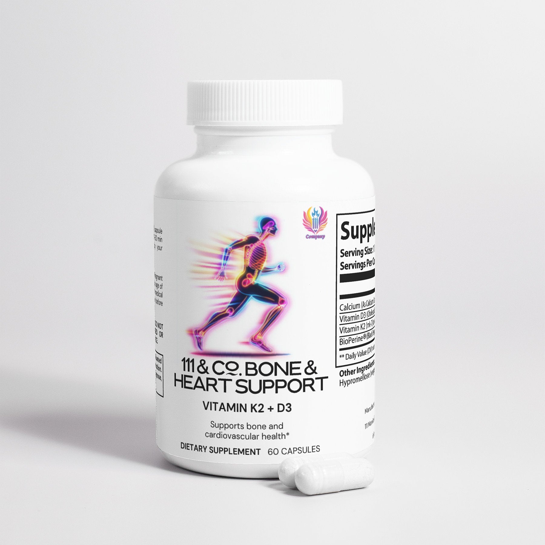 The white 111 & Company Bone & Heart Support bottle displays Vitamin K2 + D3 with a running figure outline, promoting bone and cardiovascular health. A partially open bottle with scattered white capsules underscores the role of Vitamin D3 in bone health.