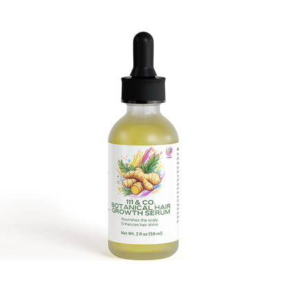 A 2.1 oz (59 ml) bottle of 111 & Company Botanical Hair Growth Serum with a dropper cap features ginger root and leaf illustrations, highlighting its botanical ingredients for nourishing scalp health and enhancing hair shine.