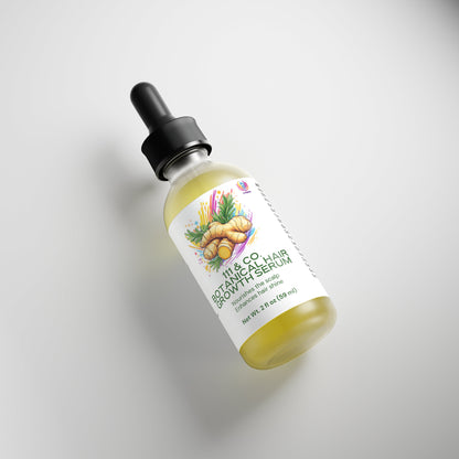 A 111 & Company Botanical Hair Growth Serum bottle with a dropper lid is displayed with botanical illustrations, including ginger. It reads 7-in-1 Botanical Ingredients for Scalp Health, specifying 2 fl oz (59 ml). The bottle rests on a light gray surface.