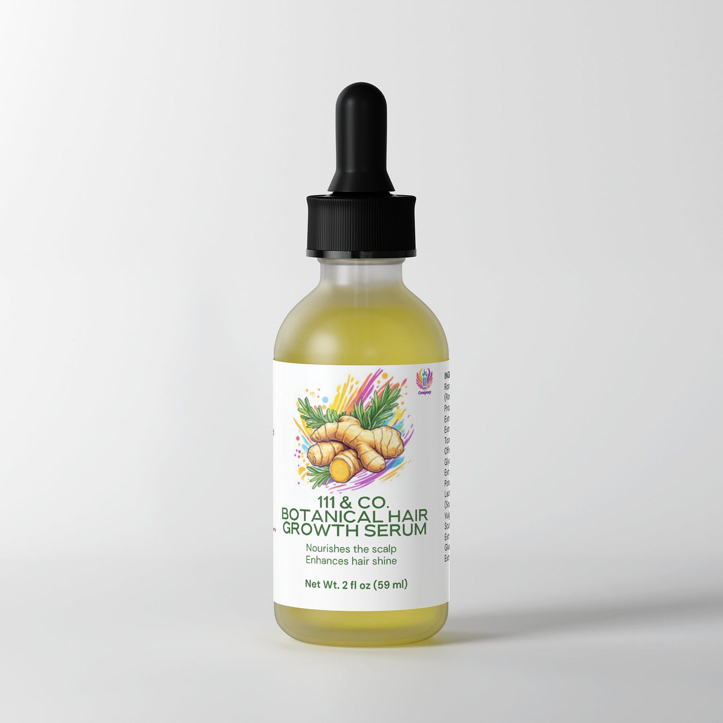 A 2 fl oz (59 ml) glass bottle with dropper cap holds a light green liquid featuring botanical ingredients. The label, adorned with ginger and plant illustrations, reads 111 & Company Botanical Hair Growth Serum, emphasizing scalp health and enhanced hair shine.