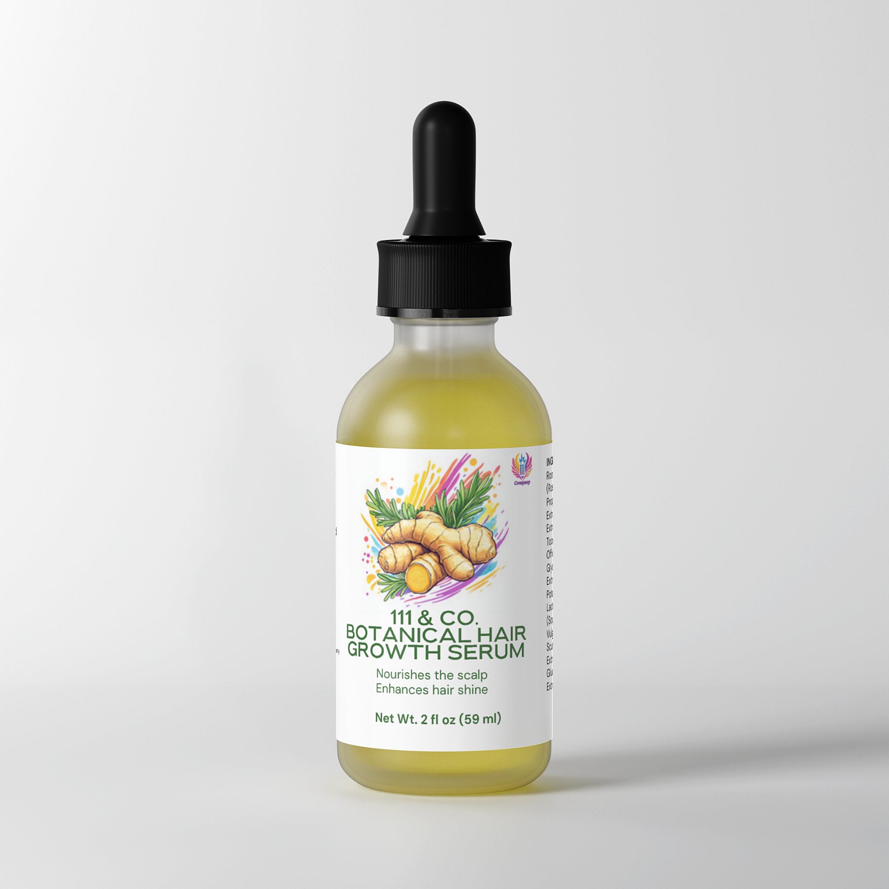 A 2 fl oz (59 ml) glass bottle with dropper cap holds a light green liquid featuring botanical ingredients. The label, adorned with ginger and plant illustrations, reads 111 & Company Botanical Hair Growth Serum, emphasizing scalp health and enhanced hair shine.