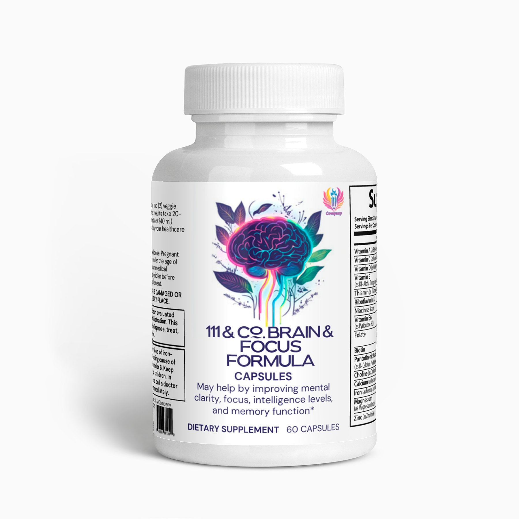 A white bottle of 111 & COMPANY BRAIN & FOCUS FORMULA from 111 & Company features a brain illustration with colorful floral elements. It claims to enhance focus, boost mental clarity, intelligence, and neuroactivity while improving memory. Contains 60 capsules.
