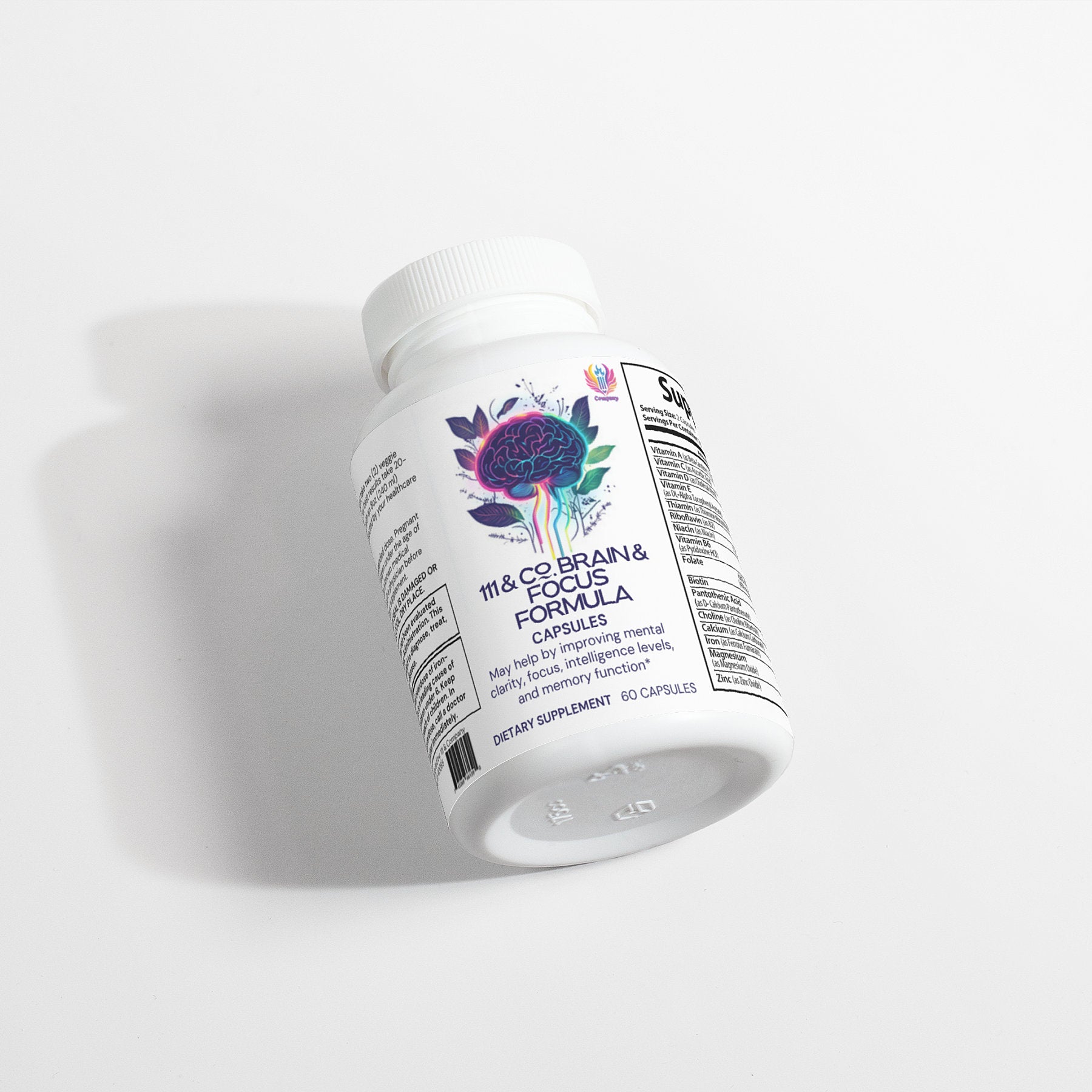 A white bottle of 111 & COMPANY BRAIN & FOCUS FORMULA dietary supplement sits on a light gray surface. The label displays a colorful brain illustration, promising to enhance focus and neuroactivity. Containing 60 capsules, it aims to promote cognitive and mental clarity. Brand: 111 & Company.