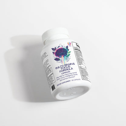 A white bottle of 111 & COMPANY BRAIN & FOCUS FORMULA dietary supplement sits on a light gray surface. The label displays a colorful brain illustration, promising to enhance focus and neuroactivity. Containing 60 capsules, it aims to promote cognitive and mental clarity. Brand: 111 & Company.