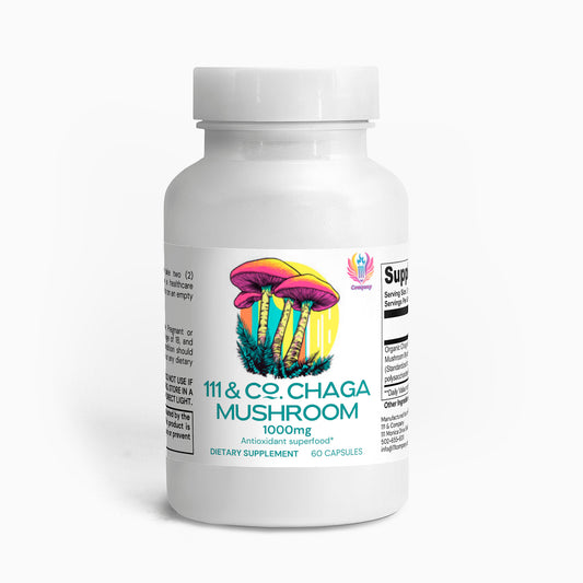 A white bottle of 111 & Company Chaga Mushroom Capsules showcases colorful mushrooms and ferns on the label, promoting 1000mg Antioxidant superfood with 60 capsules. The logo is a multicolored handprint, and supplement facts highlight its phytochemicals that support a healthy gut microbiome.