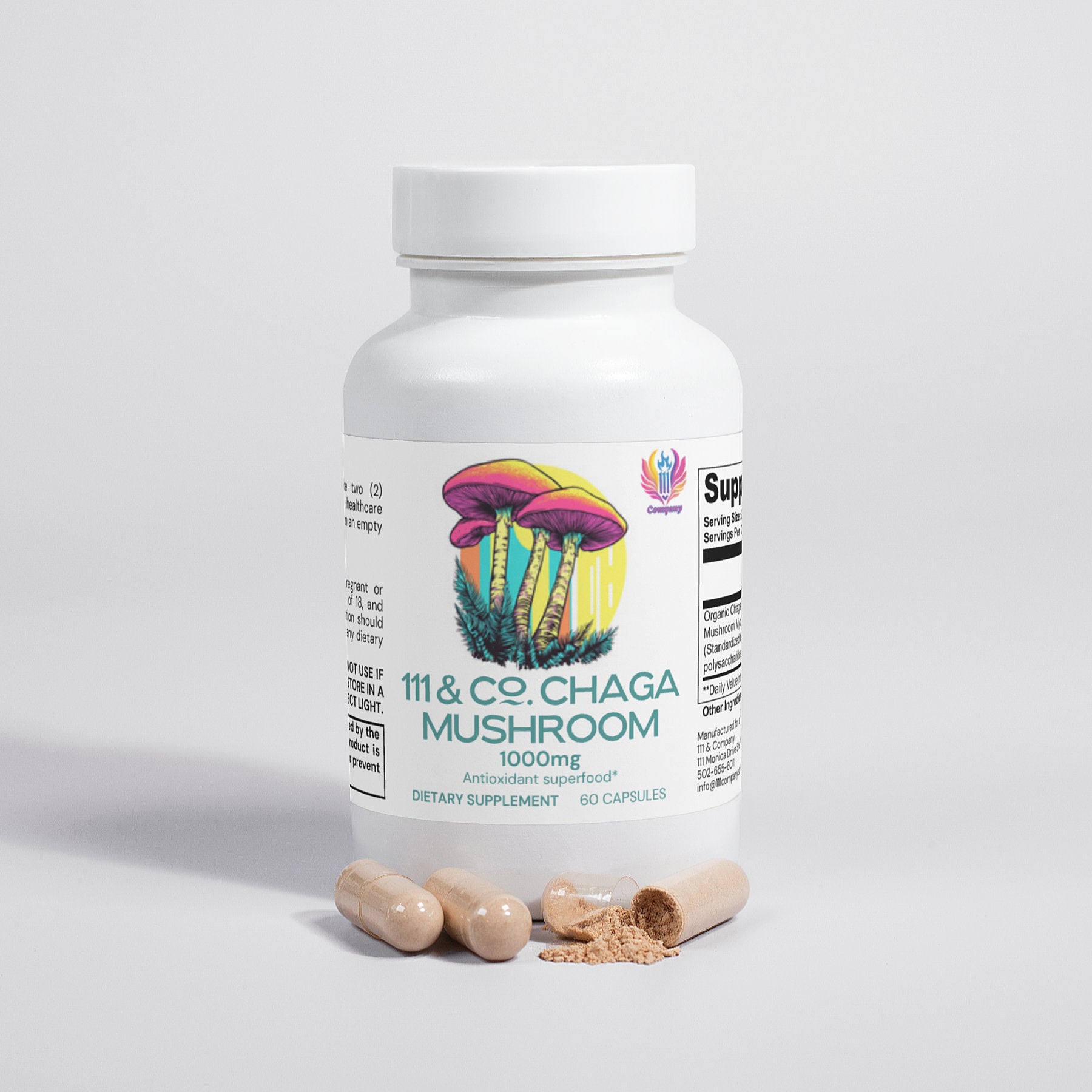 A white bottle labeled 111 & Company Chaga Mushroom 1000mg displays colorful mushrooms. The supplement contains 60 capsules enriched with phytochemicals and has a partially open lid with two capsules and spilled powder, set against a light gray background.