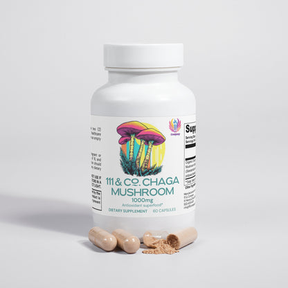 A white bottle labeled 111 & Company Chaga Mushroom 1000mg displays colorful mushrooms. The supplement contains 60 capsules enriched with phytochemicals and has a partially open lid with two capsules and spilled powder, set against a light gray background.