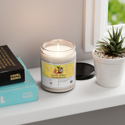 The 111 & COMPANY Citrus Cream Dream candle by 111 & Company, a soy wax blend with coconut and cardamom scent, sits on a white shelf next to a potted succulent. Nearby, a book from Covel Books is stacked as natural light enhances the tropical fragrance. The candles lid lies flat nearby.