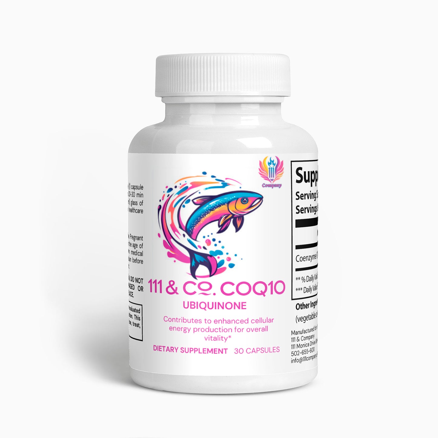 The 111 & Company CoQ10 Ubiquinone bottle features a fish design and promotes increased CoQ10 levels for cellular energy. It contains 30 capsules of dietary supplements.