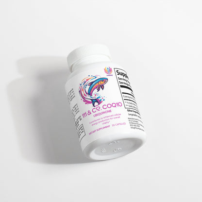 A white bottle of 111 & Company CoQ10 Ubiquinone, with a vibrant fish logo, highlights energy production and cellular vitality benefits. The label features 111 & Co. CoQ10 text and holds 30 capsules, all casting a subtle shadow on the white surface.