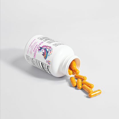 A white bottle of 111 & COMPANY CoQ10 UBIQUINONE 200 MG CAPSULES lies on its side, spilling yellow capsules onto a smooth, light surface. The colorful label highlights the supplements key role in energy production and details its nutritional information.