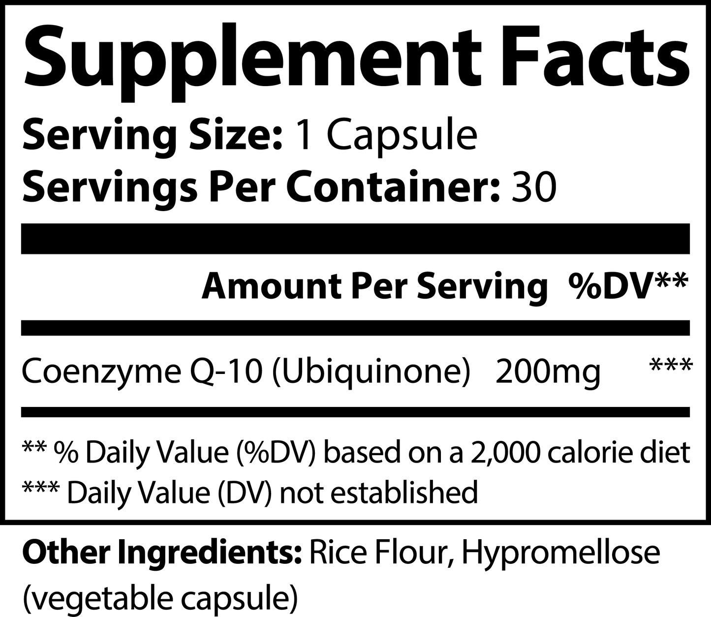 The label of 111 & COMPANY CoQ10 UBIQUINONE 200 MG CAPSULES, by 111 & Company, shows a serving size of 1 capsule and 30 servings/container. Each capsule has 200mg of CoQ10 for energy production and contains rice flour and hypromellose, with no %DV for Coenzyme Q-10 (Ubiquinone).