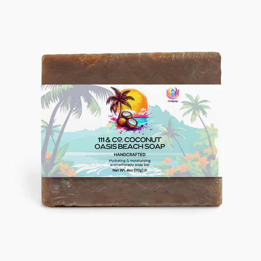 A 111 & Company Coconut Oasis Beach Soap, square and brown, is shown on a white backdrop. The tropical-themed label emphasizes Handcrafted and Hydrating & moisturizing aromatherapy soap bar, perfect for sensitive skin with organic oils. Net weight: 4oz (113g).