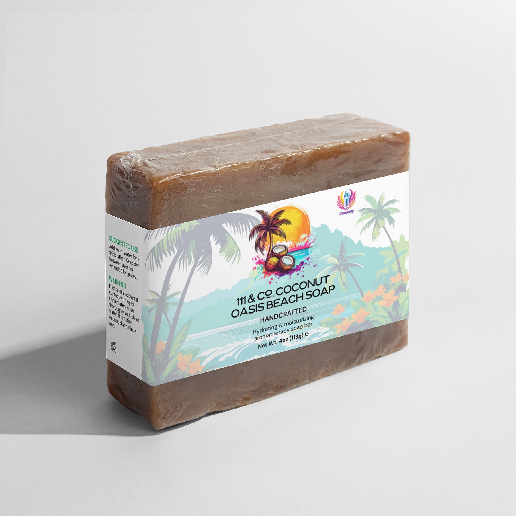 The 111 & Company Coconut Oasis Beach Soap is a handcrafted bar with a textured, brown appearance, wrapped in a tropical label. It highlights hydrating and refreshing properties for sensitive skin, enriched with organic oils, and includes illustrations of palm trees and a sunset.