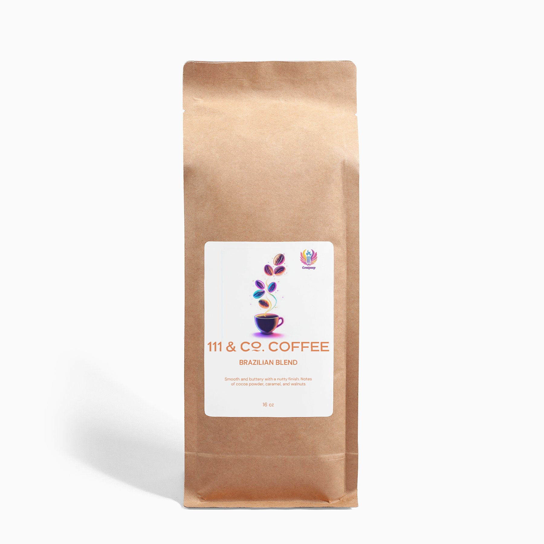 A minimalist 111 & Co. BRAZILIAN BLEND 16oz bag, showcasing single-origin Arabica beans, features coffee beans illustrated above a steaming cup on a plain white background.