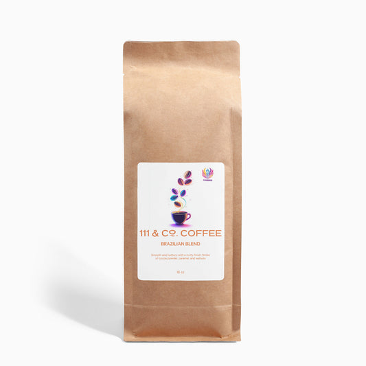 A minimalist 111 & Co. BRAZILIAN BLEND 16oz bag, showcasing single-origin Arabica beans, features coffee beans illustrated above a steaming cup on a plain white background.