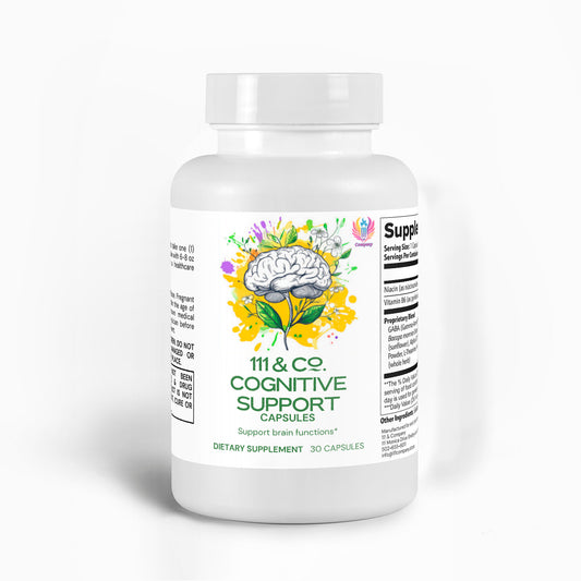 The 111 & Company Cognitive Support Capsules come in a white bottle with a brain illustration and colorful splashes, emphasizing cognitive enhancement. It contains 30 capsules for mental clarity, with nutritional info and usage instructions on the side.