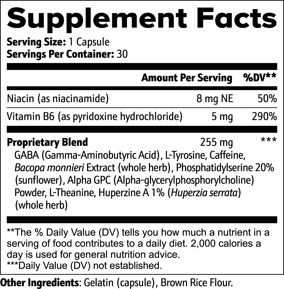 The 111 & COMPANY COGNITIVE SUPPORT CAPSULES label, in black and white, lists 30 capsules for cognitive enhancement. Contains Niacin (5mg, 31% DV), Vitamin B6 (5mg, 290% DV), and a 255mg Proprietary Blend with GABA and caffeine. Based on a 2,000-calorie diet. Ingredients include Gelatin and Brown Rice Flour.
