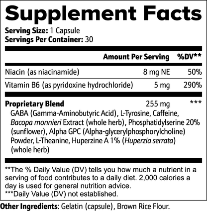 The 111 & COMPANY COGNITIVE SUPPORT CAPSULES label, in black and white, lists 30 capsules for cognitive enhancement. Contains Niacin (5mg, 31% DV), Vitamin B6 (5mg, 290% DV), and a 255mg Proprietary Blend with GABA and caffeine. Based on a 2,000-calorie diet. Ingredients include Gelatin and Brown Rice Flour.
