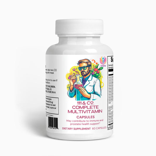 The 111 & Company Complete Multivitamin comes in a white bottle featuring a colorful illustration of a bearded man in a lab coat with a beaker and pill. It highlights immune and prostate health benefits and contains 60 capsules rich in natural antioxidants.